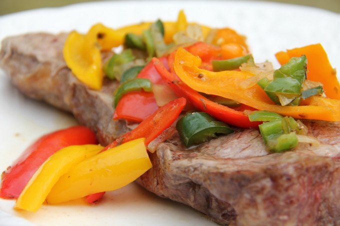 Oven Baked Steak with Peppers and Onions