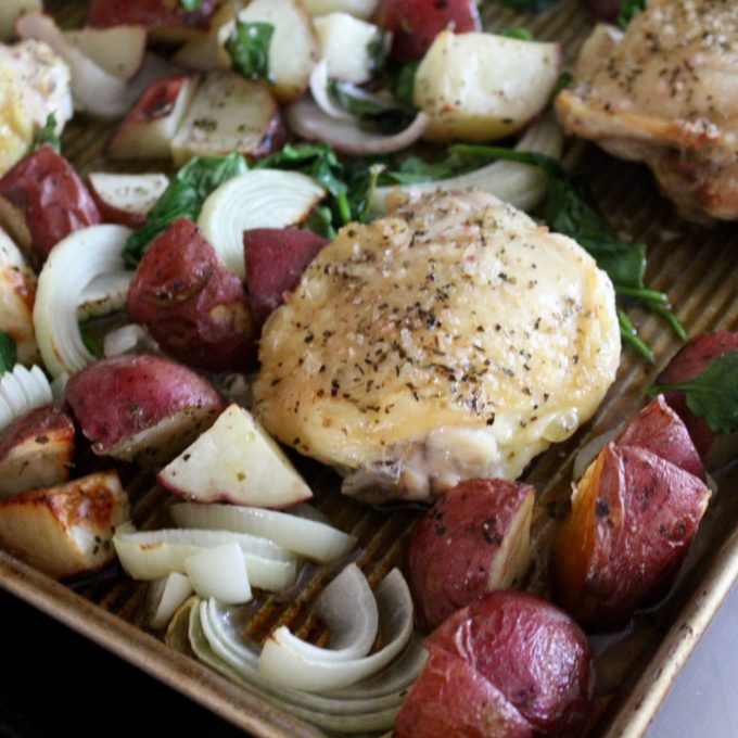 Sheet Pan Butter Chicken Thighs with Potatoes and Spinach